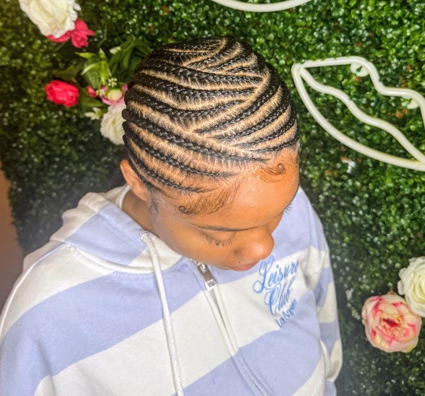 Stitch braid cornrows top view by Joyce Braids